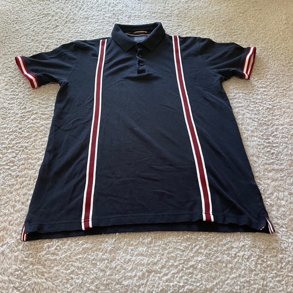 Denim & Flower Ricky Singh Mens Navy Blue Vertical Stripe Polo Shirt Small